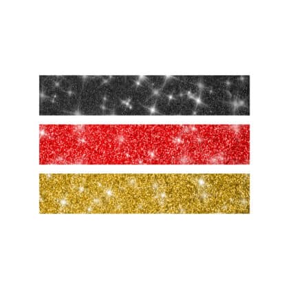 Deutschland Flagge Schablone für Glitzertattoos. Sie ist 3lagig, entgittert und zugeschnitten. Die Größe beträgt 6,5 x 5,0cm. Zusätzlich benötigt man Profi Hautkleber und Bio Glitzer aus unserem Glitzertattoo Shop