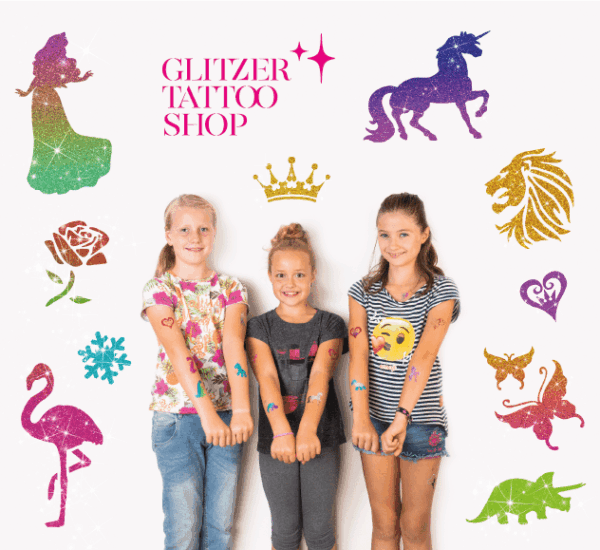 Glitzertattoo Shop Plakat mit 30 Schablonen, 3lagig, entgittert und zugeschnitten