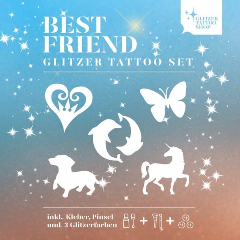Bestfriends Glitzertattoo shop Best Friends Set für Mädchen. Ein Freunde Set mit 10 Schablonen 3 Glitzerfarben und 1 professioneller Hautkleber und eine Anleitung. Hübsch in eine Kosmetiktasche zum Tragen.
