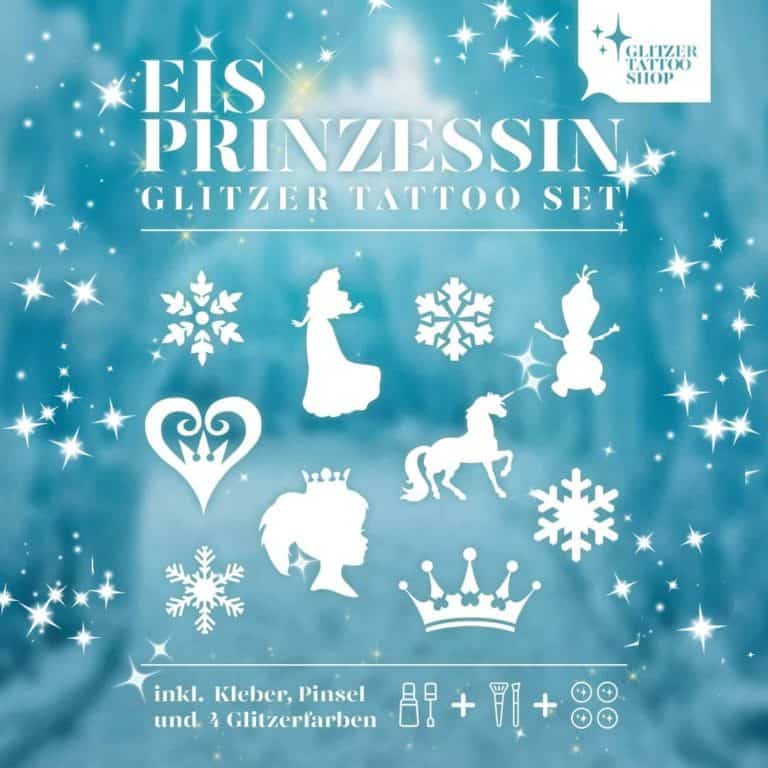 Eisprinzessin Glitzertattoo Shop Eisprinzessin Set für Mädchen. Ein Mädchen Set mit 10 Schablonen 4 Glitzerfarben und 1 professioneller Hautkleber und eine Anleitung. Hübsch verpackt in eine Kosmetiktasche zur sicheren Aufbewahrung.
