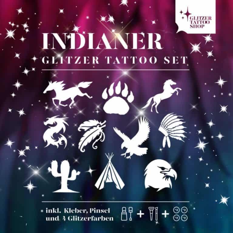 Indianer Glitzertattoo Shop Indianer Set für Jungs. Ein Jungs Set mit 10 Schablonen 4 tolle Glitzerfarben und 1 professioneller Hautkleber und eine Anleitung. Hübsch verpackt in eine Kosmetiktasche zur sicheren Aufbewahrung.