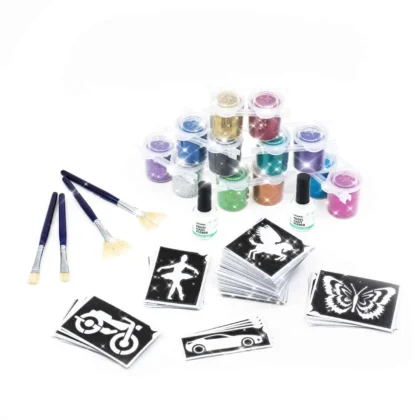 140.tlg. Kinderfest Event Set für Kinder Verandtaltungen, 120 Schablonen, 12 x 10gr, Bio Glitzer 2x 15ml Hautkleber, 2 x Pinselset, eine Anleitung