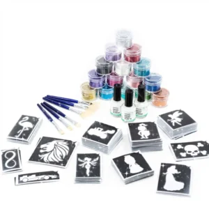 324.tlg. Kinderfest Event Set mit Bio Glitzer für große Veranstaltungen. Inhalt: 300 Schablonen, 15x15gr. Tiegel Bio Glitzer, 4x15ml Profi Hautkleber, 4xPinselset, eine Anleitung