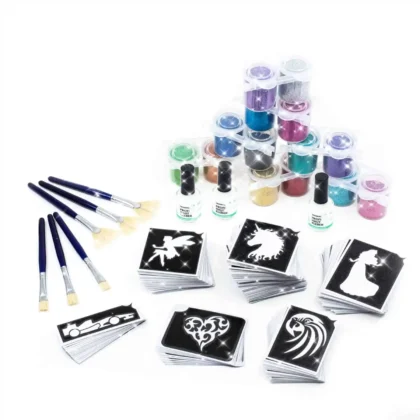 324.tlg. Kinderfest Event Set mit Bio Glitzer, 300 Schablonen, 16 x 15gr. hochwertiger Bio Glitzer , 3 x 15ml Hautkleber, 3x Pinselset eine Anleitung