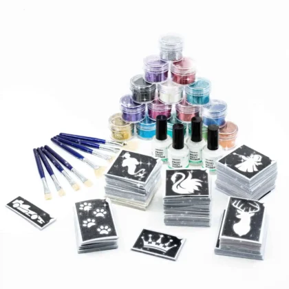 526.teiliges Kinderfest Event Set mit 500 Schablonen für Mädchen und Jungs, 12x 15gr. Bio Glitzer Farben, 4 x Profi Hautkleber, 4 x Pinsel Set, eine Anleitung