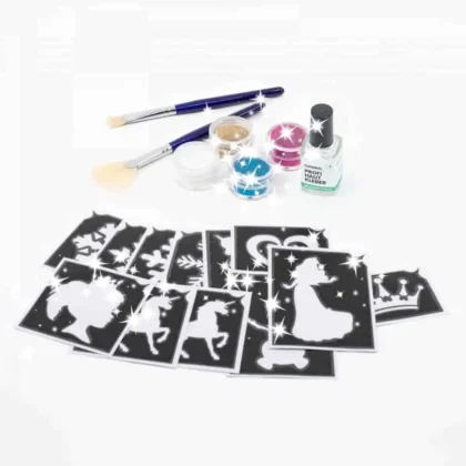 Eisprinzessin Glitzertattoo Set für Kinder mit 10 Schablonen, 4 x 5ml Bioglitzer ein Pinselset, ein 10ml Profi Hautkleber, eine Anleitung