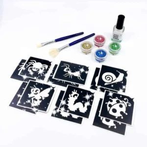 Glitzertattoset Krabellgruppe mit Bio Glitzer Schablonen Hautkleber Pinselset Anleitung