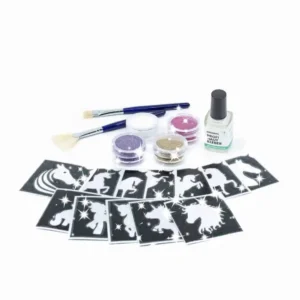 Pferdetraumset mit Bioglitzer zum Kinderfest 12 Schablonen, 4 x 5ml Bio Glitzer Farben 1x 10ml Profi Hautkleber 1 Pinselset 1 Anleitung