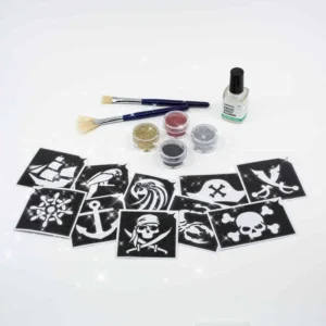 19.tlg. Piratenset mit Bioglitzer 1x10ml Hautkleber 10 Schablonen 4x5ml Bioglitzerfarben, 1Pinselset 1Anleitung