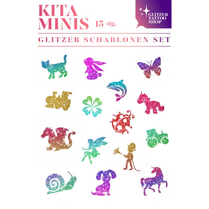 15 Kita Minis-Schablonenset 15.-teiliges Kita Schablonen Set Schablonen Set für Glitzertattoos für Kita Feste und Kindergeburtstage. Die Schablonen sind 3lagig, entgittert und zugeschnitten. Die Größe beträgt 4,5 x 4,5cm. Zusätzlich benötigt man Profi Hautkleber und Bio Glitzer.