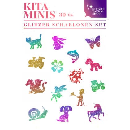 30.-teiliges Kita Schablonen Set Schablonen Set für Glitzertattoos für Kita Feste und Kindergeburtstage. Die Schablonen sind 3lagig, entgittert und zugeschnitten. Die Größe beträgt 4,5 x 4,5cm. Zusätzlich benötigt man Profi Hautkleber und Bio Glitzer.
