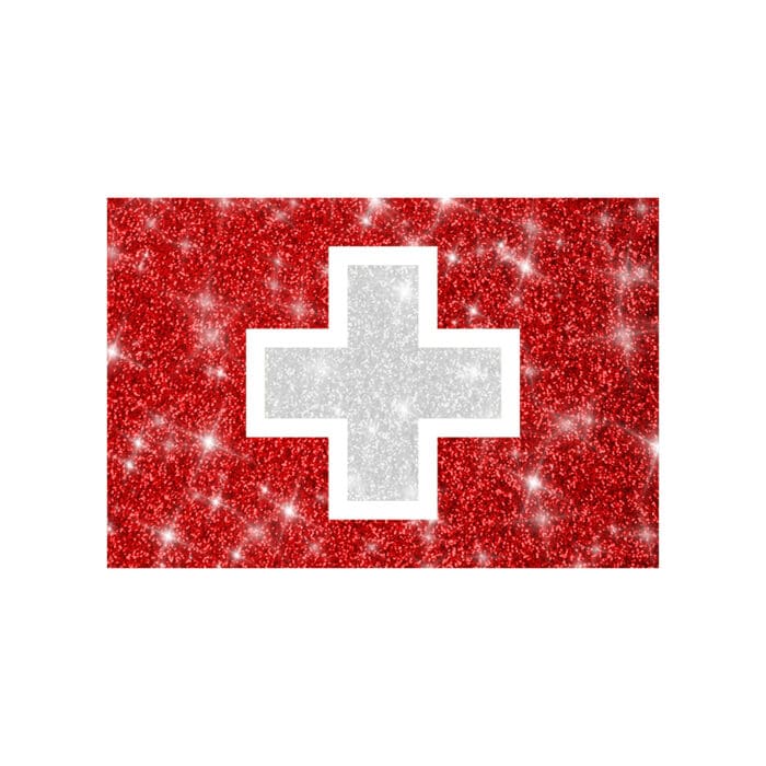 Schweizer Flagge Schablone für Glitzertattoos. Sie ist 3lagig, entgittert und zugeschnitten. Die Größe beträgt 6,5 x 5,0cm. Zusätzlich benötigt man Profi Hautkleber und Bio Glitzer aus unserem Glitzertattoo Shop